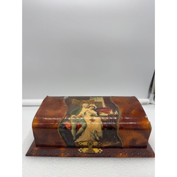 Antique Flip Top Vanity Toiletry Box Courting Couple Scene-AS IS